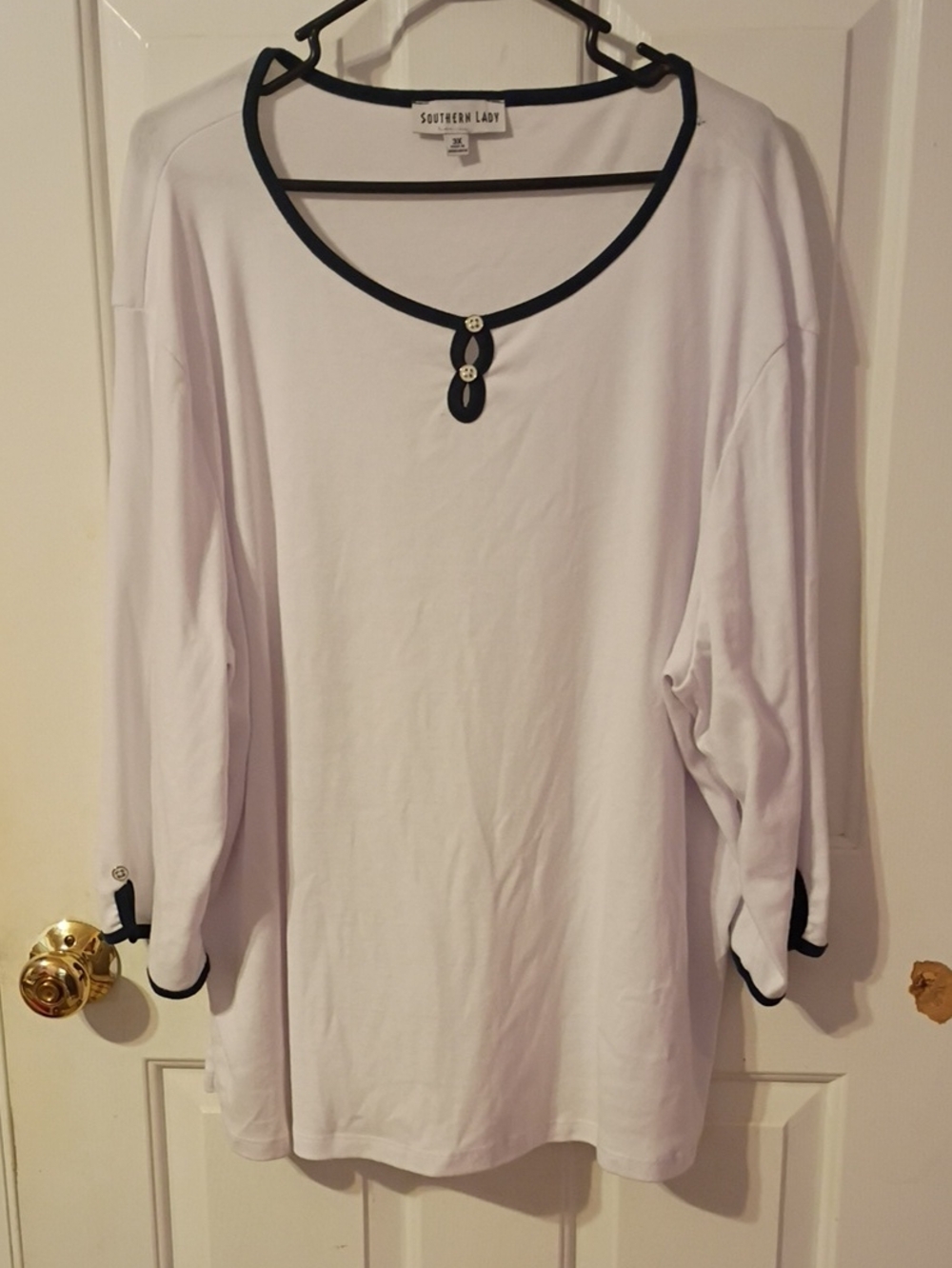 Southern Lady White Long Sleeve Tee with Black Trim and Button Accents